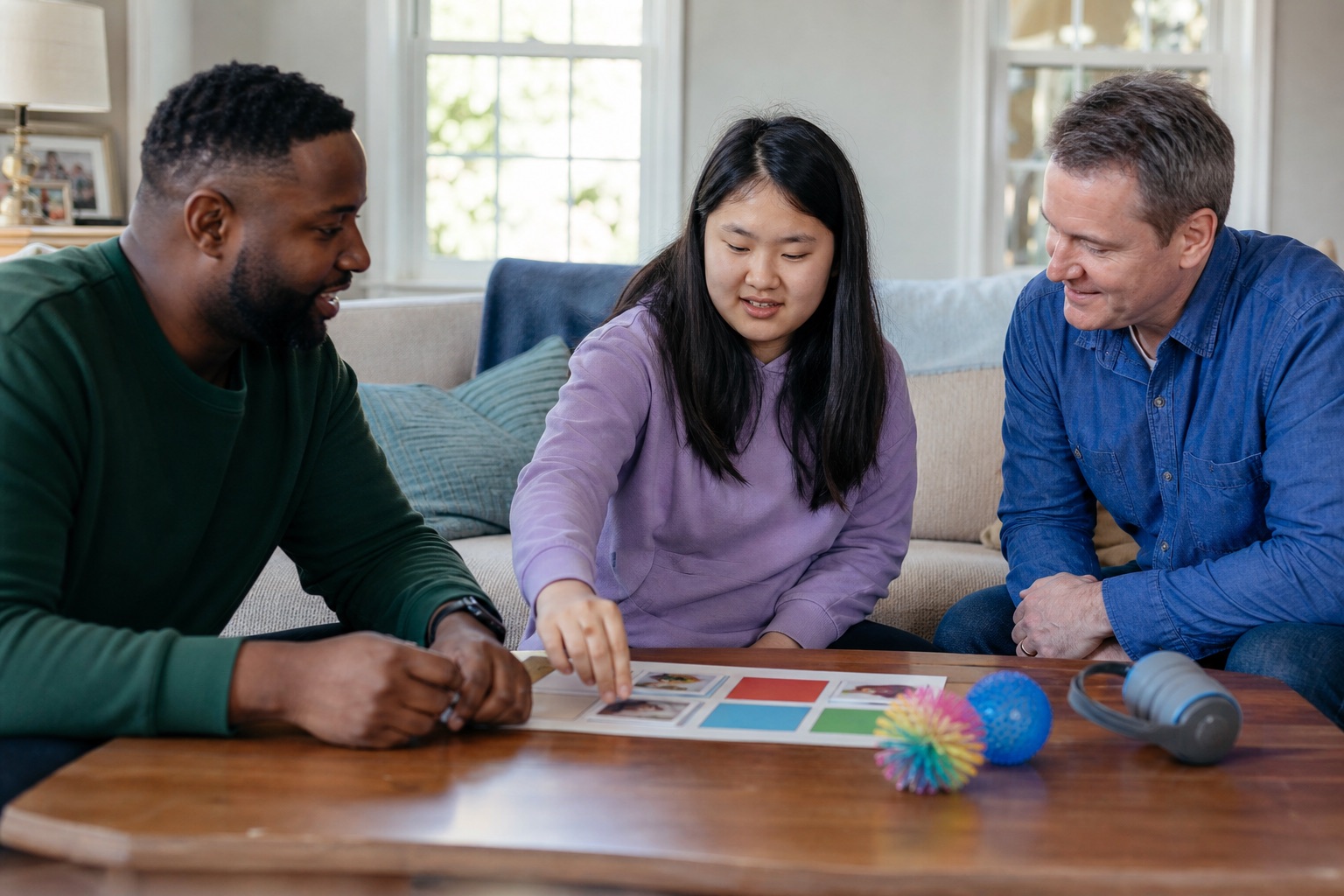 An East Asian teenager using a visual choice activity with a Black support professional and her White father
