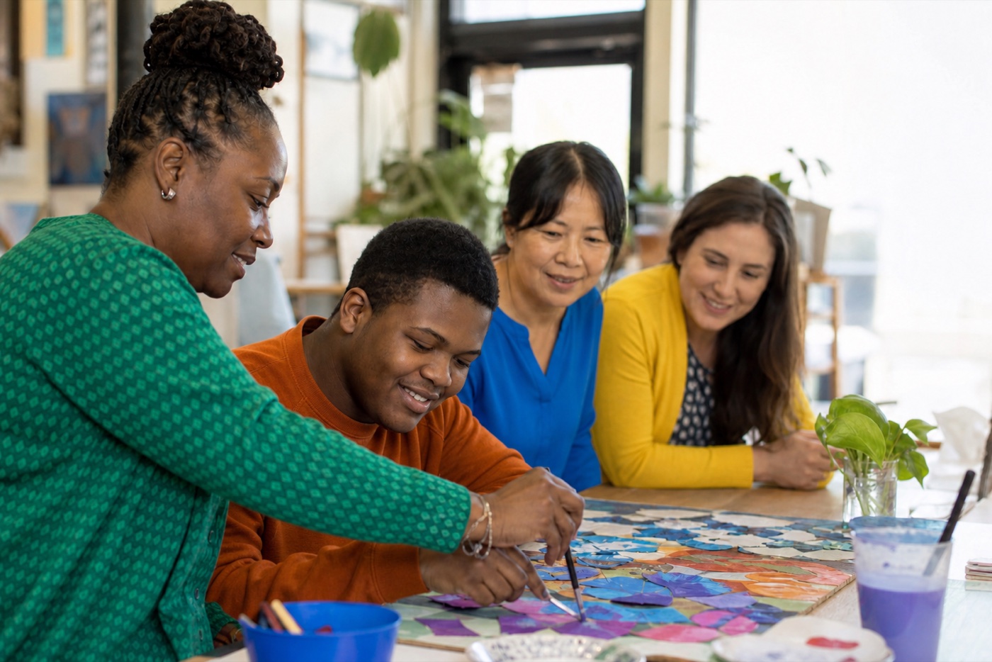 A Black support professional and a diverse group creating art together at a community center