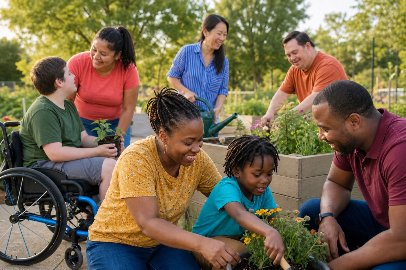 A multicultural group, with Black community members prominent, gardening together in an accessible neighborhood space